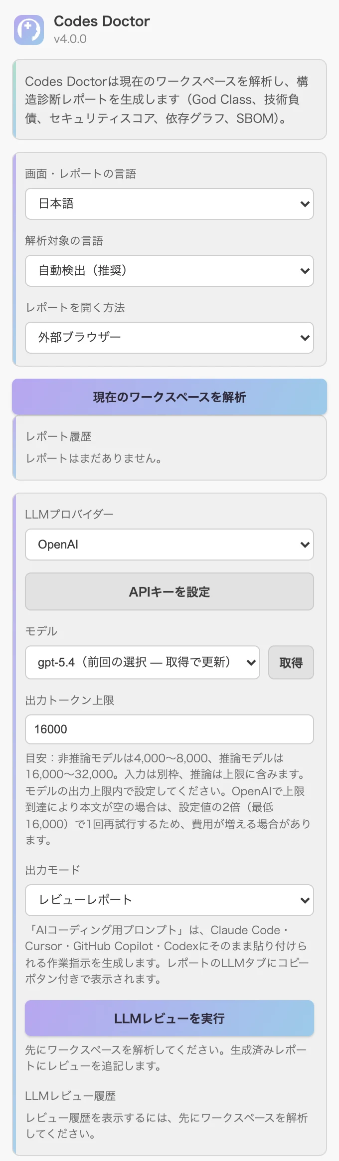 VS Code 内の解析と AI レビュー設定画面