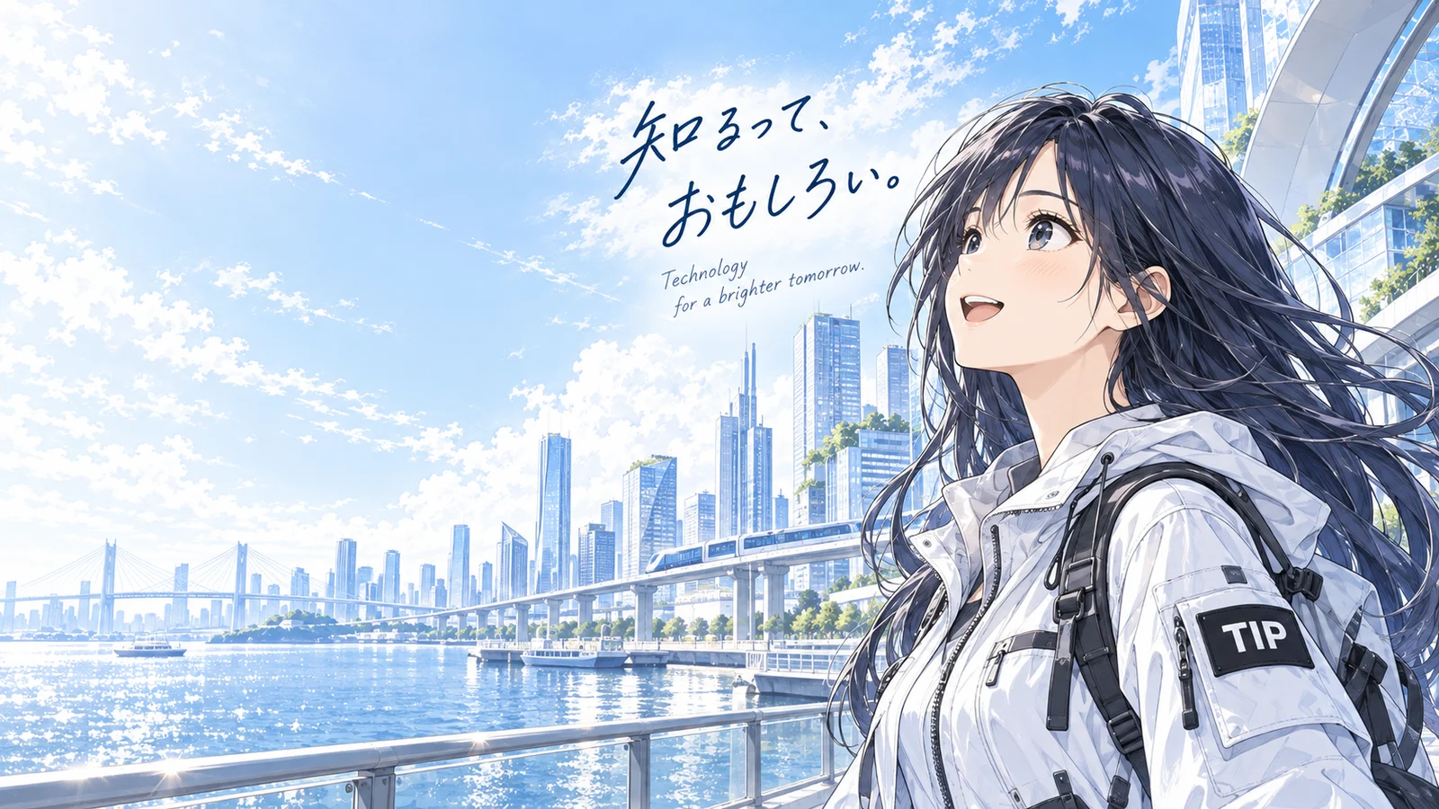近未来都市を見上げるTIPのエンジニアのイラスト