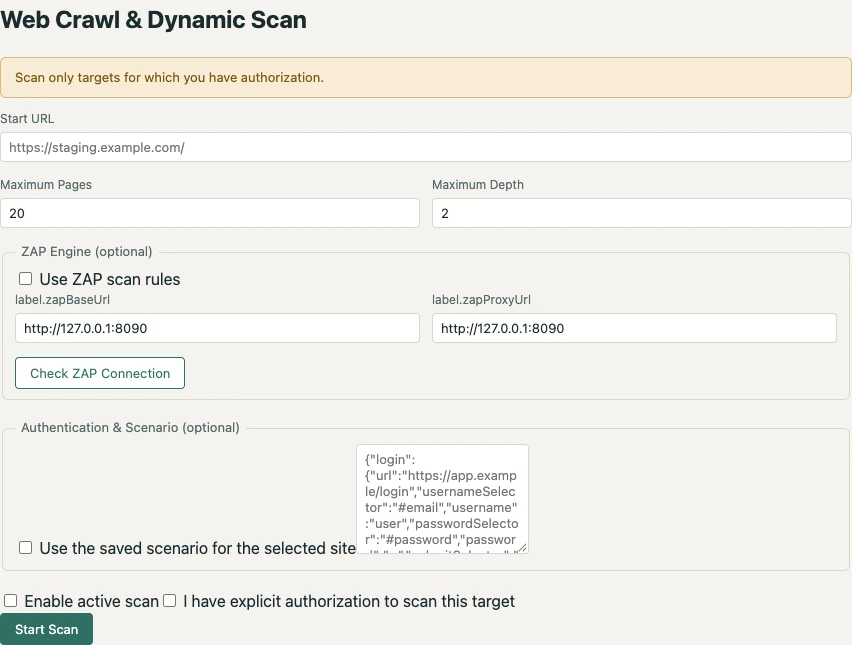 Web Security Hub dynamic assessment interface with target URL, crawl scope, and ZAP settings